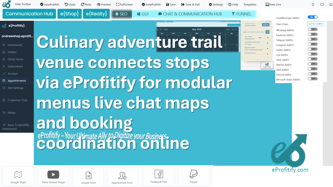 Culinary adventure trail venue connects stops via eProfitify for modular menus live chat maps and booking coordination online